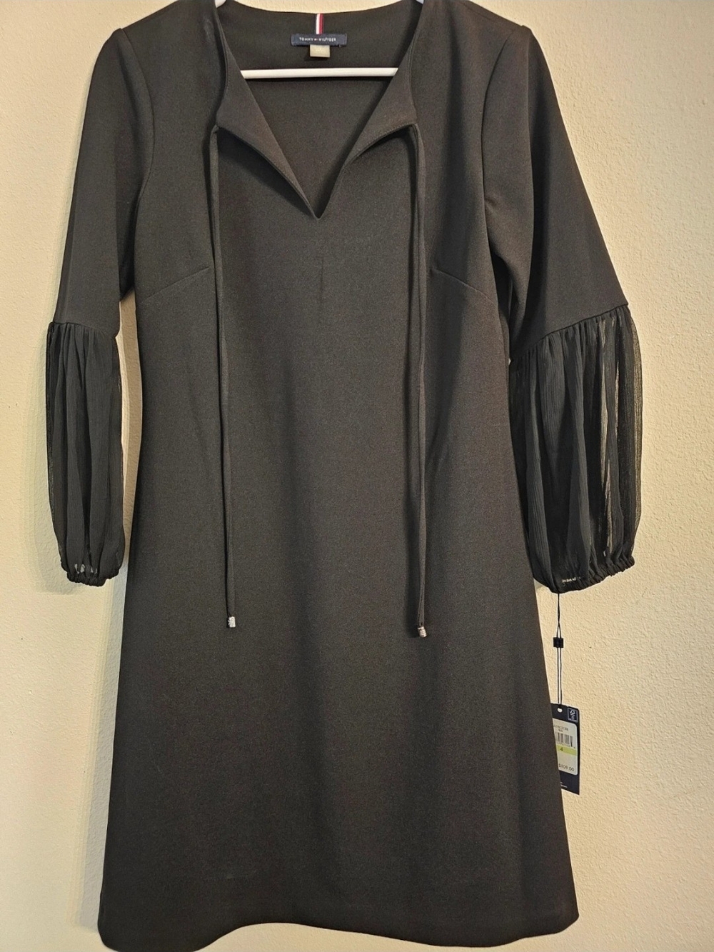 Tommy Hilfiger Black Long-Sleeve Shift Dress with Sheer Gathered Cuffs
